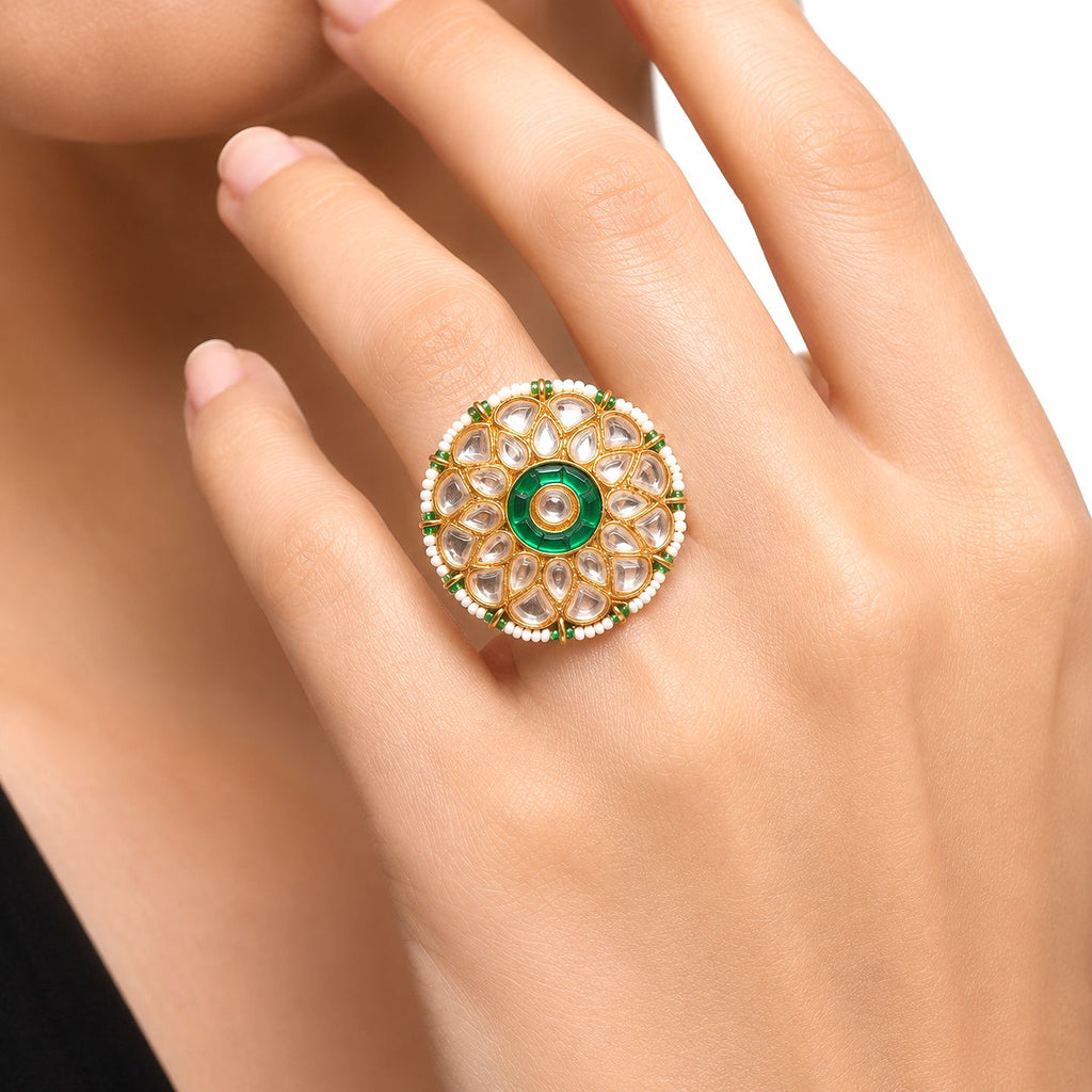 Raannii Royal Kundan Green Stone Statement Ring