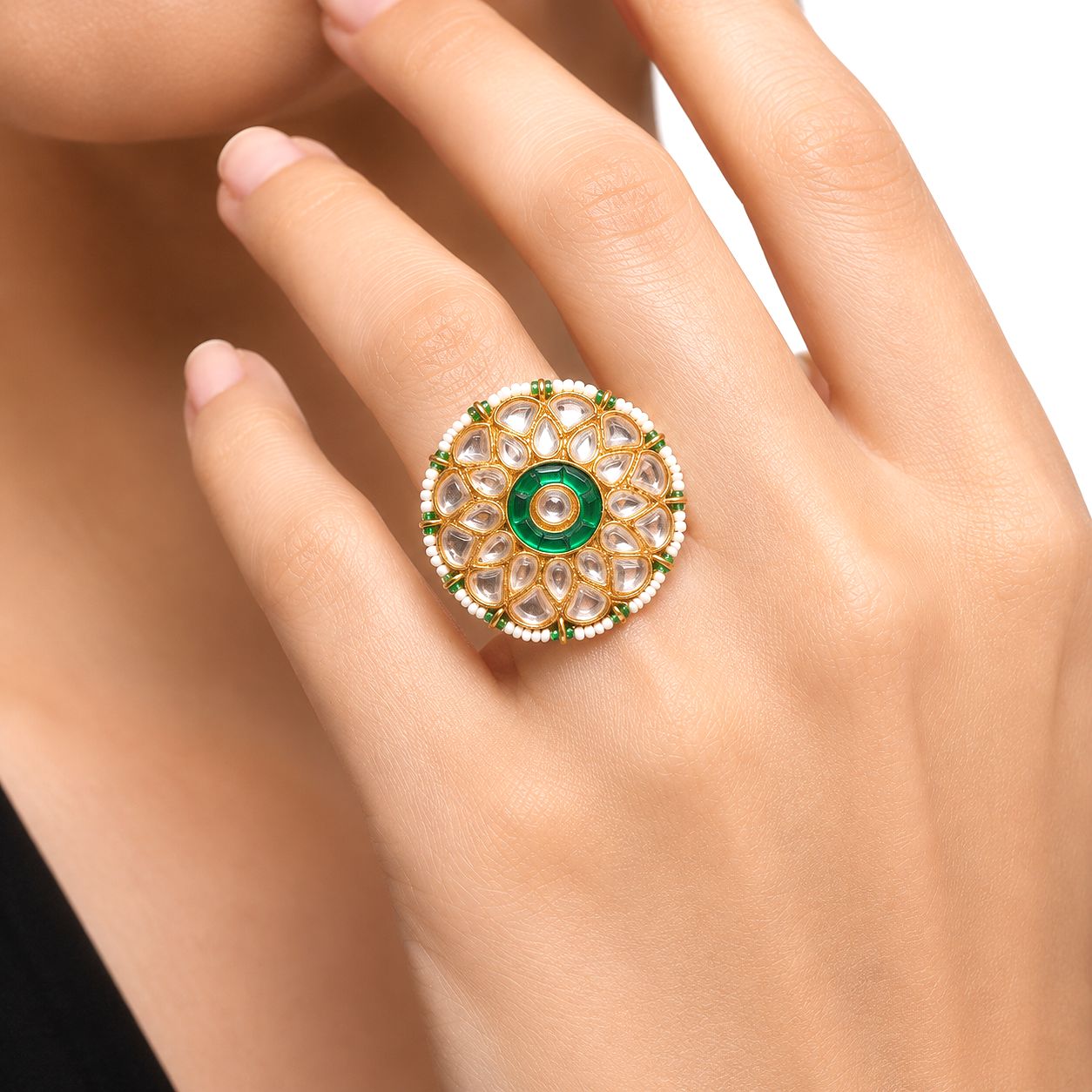 Raannii Royal Kundan Green Stone Statement Ring