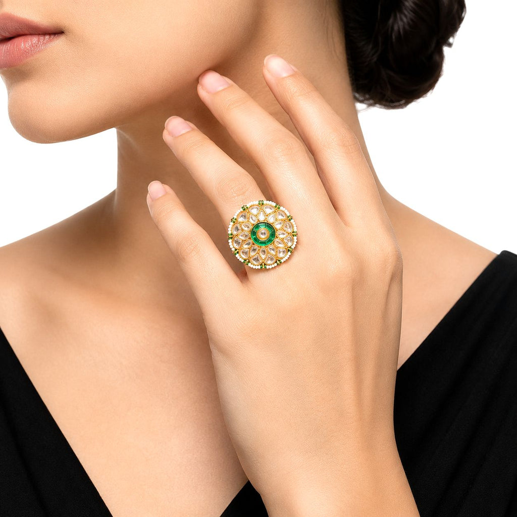 Raannii Royal Kundan Green Stone Statement Ring