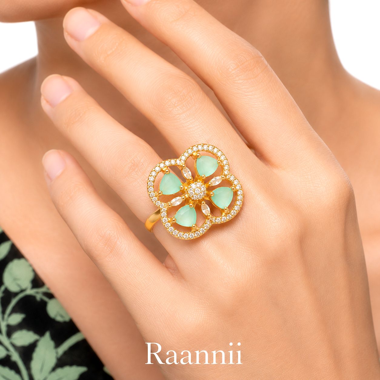 Raannii Mint Green Floral Designer Statement Ring