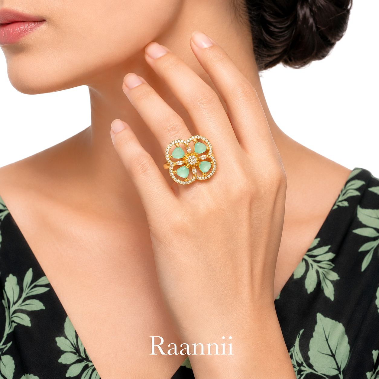 Raannii Mint Green Floral Designer Statement Ring