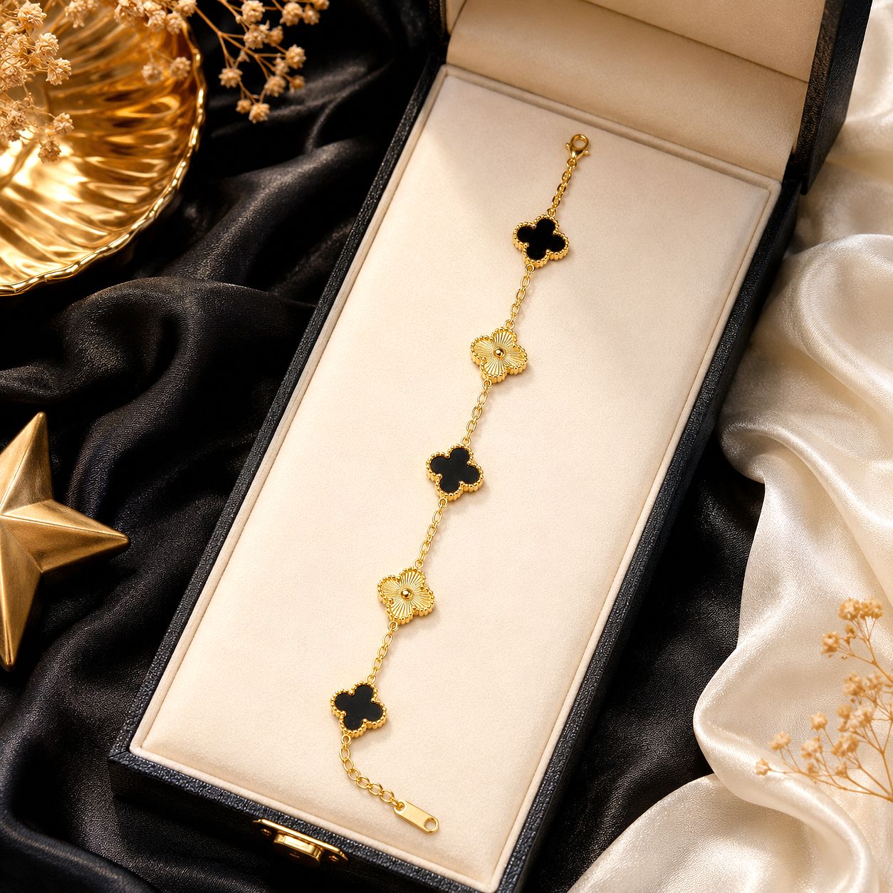 Black Clover Gold Bracelet for Women | Elegant Daily Wear Luxury Bracelet