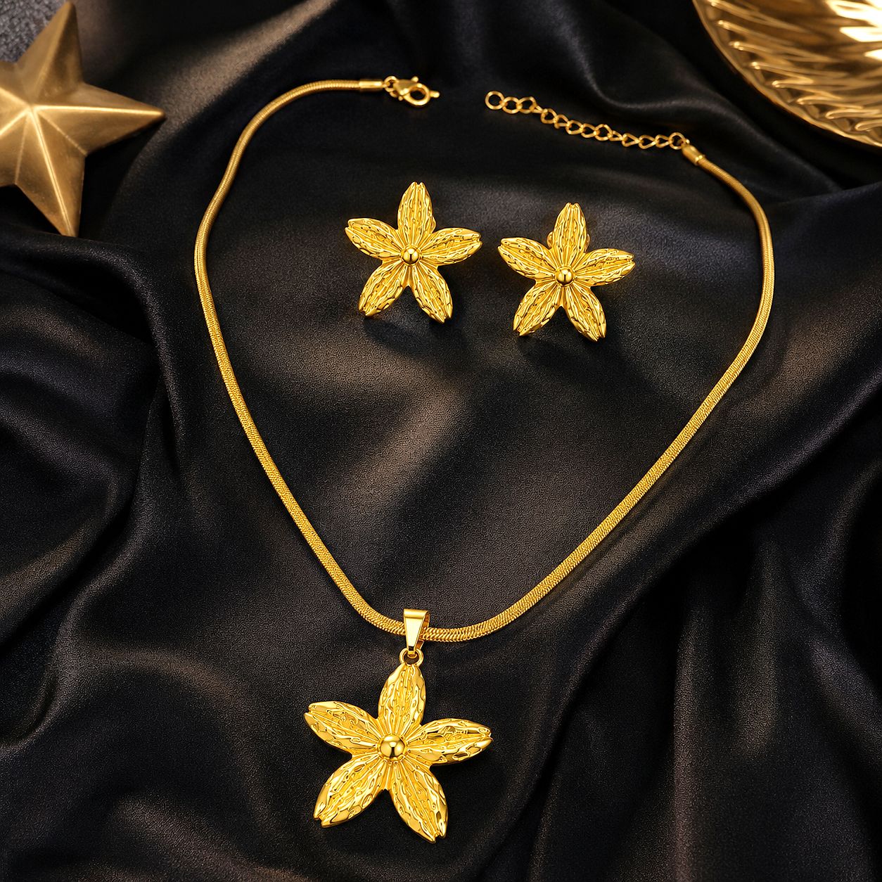 Gold Flower Necklace Set for Women | Elegant Pendant with Earrings Jewelry Set
