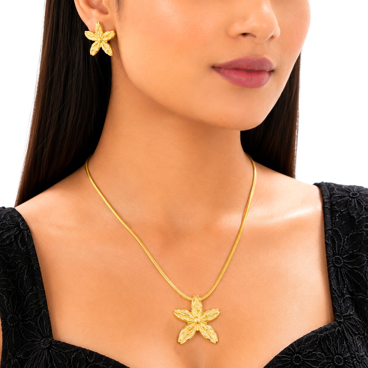 Gold Flower Necklace Set for Women | Elegant Pendant with Earrings Jewelry Set