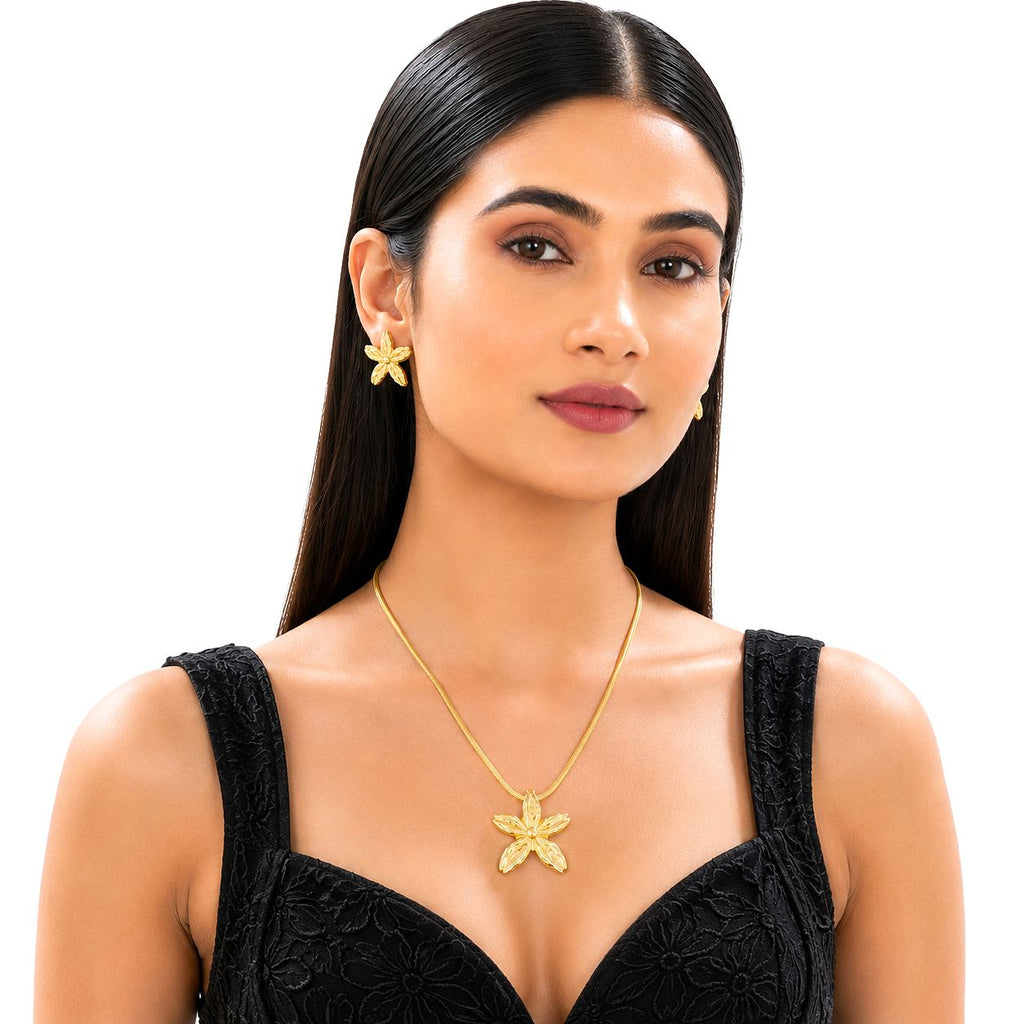 Gold Flower Necklace Set for Women | Elegant Pendant with Earrings Jewelry Set