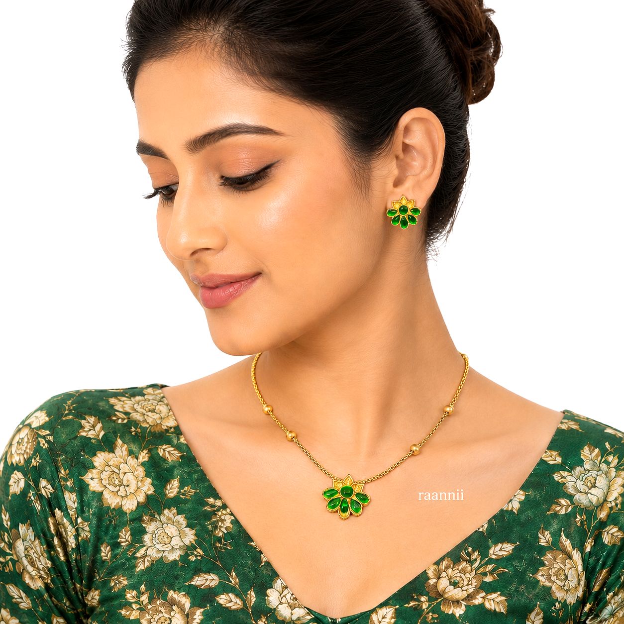 Raannii Elegant Green Floral Necklace Set (Minimal Luxury Edition)