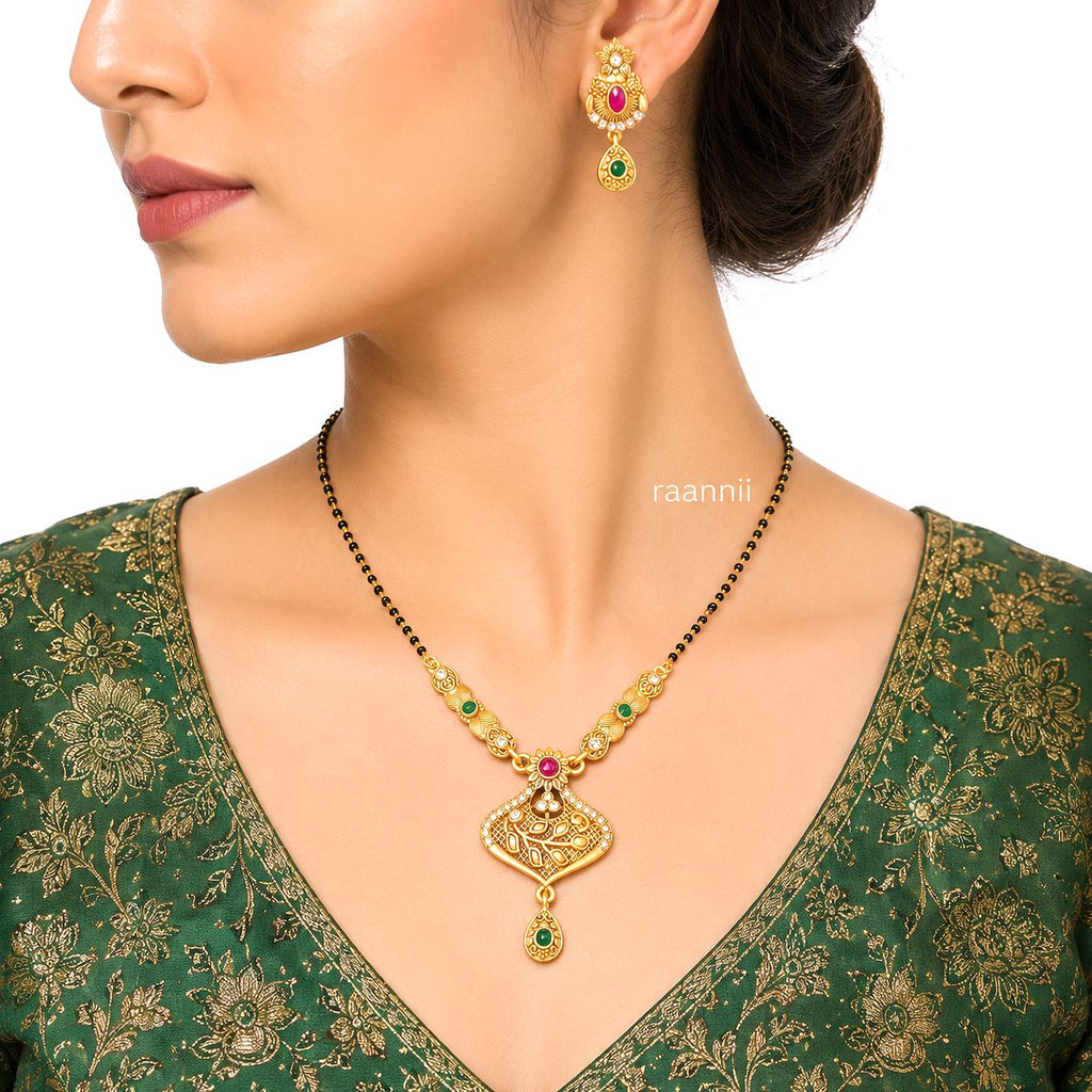 Raannii Traditional Gold Mangalsutra Necklace Set (Red & Green Stone)