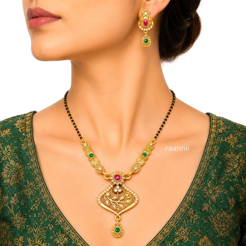 Raannii Traditional Gold Mangalsutra Necklace Set (Red & Green Stone)