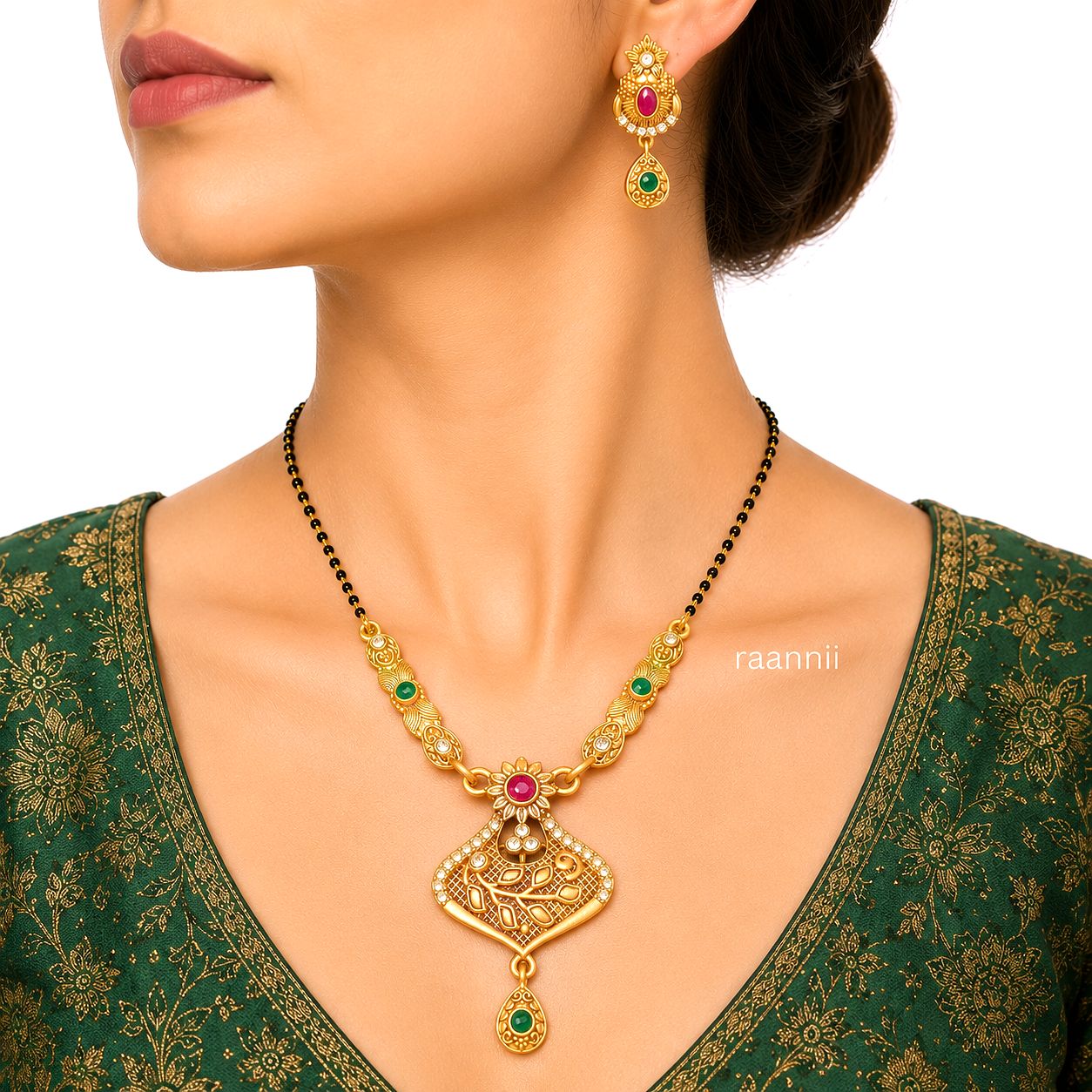 Raannii Traditional Gold Mangalsutra Necklace Set (Red & Green Stone)