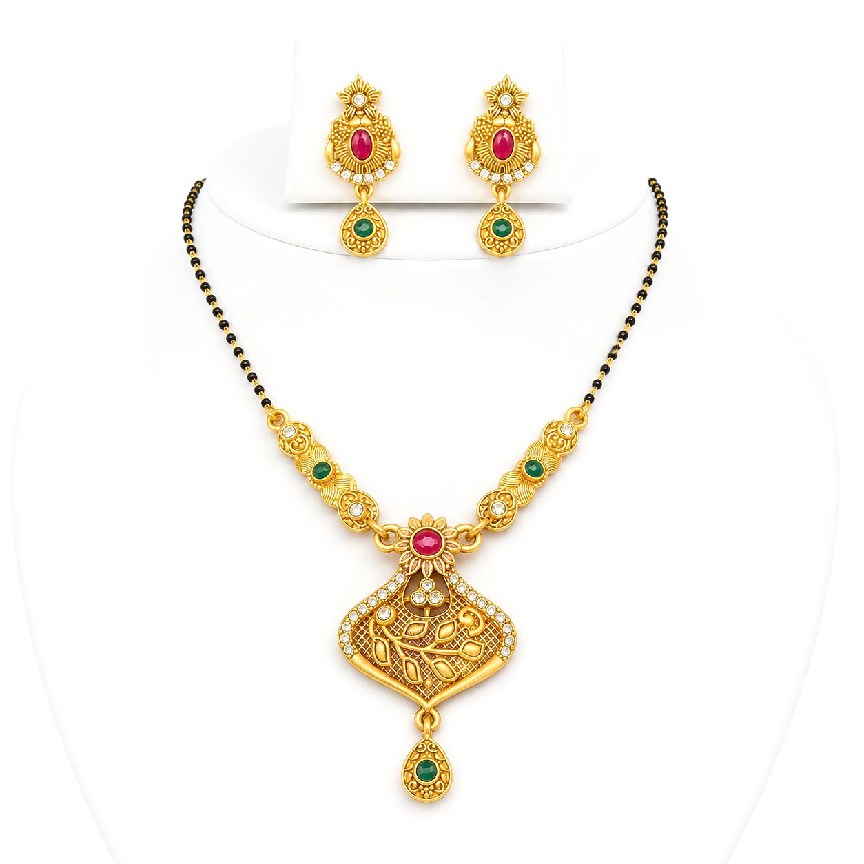 Raannii Traditional Gold Mangalsutra Necklace Set (Red & Green Stone)