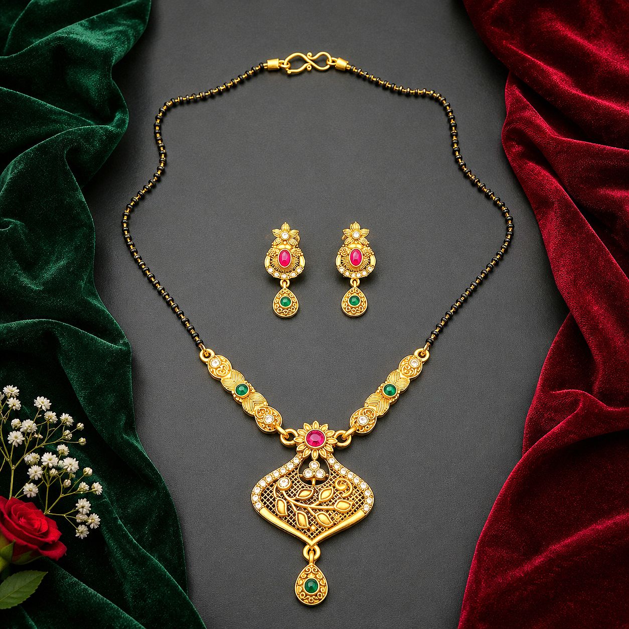Raannii Traditional Gold Mangalsutra Necklace Set (Red & Green Stone)