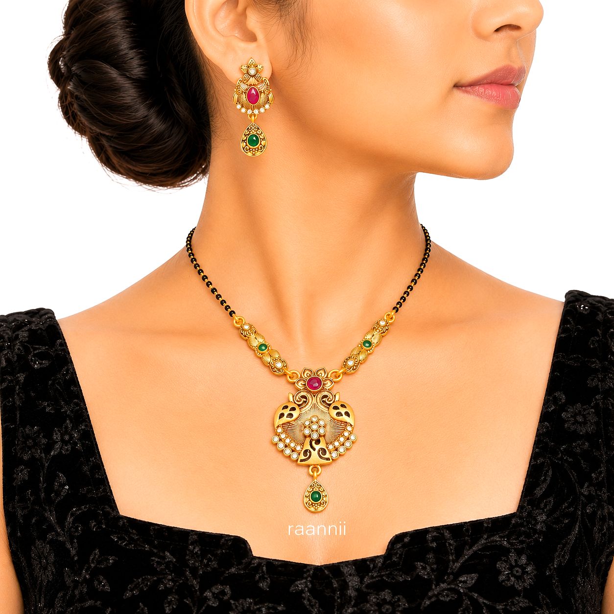 Raannii Necklace - Traditional Gold Plated Mangalsutra Necklace Set with Peacock Pendant & Matching earrings
