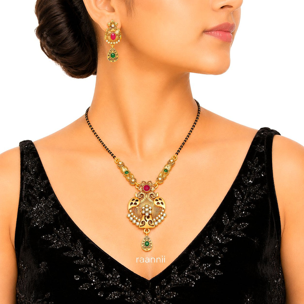 Raannii Necklace - Traditional Gold Plated Mangalsutra Necklace Set with Peacock Pendant & Matching earrings