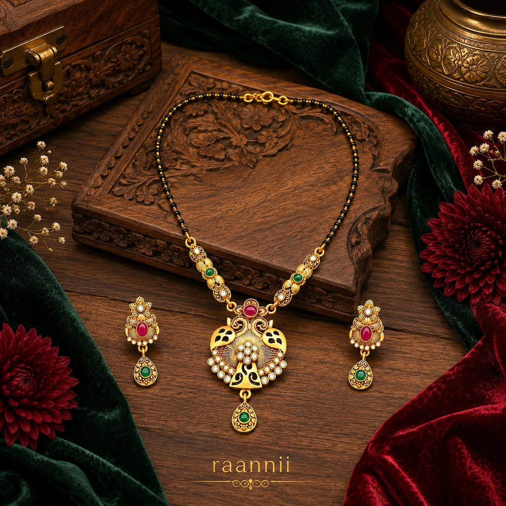 Raannii Necklace - Traditional Gold Plated Mangalsutra Necklace Set with Peacock Pendant & Matching earrings