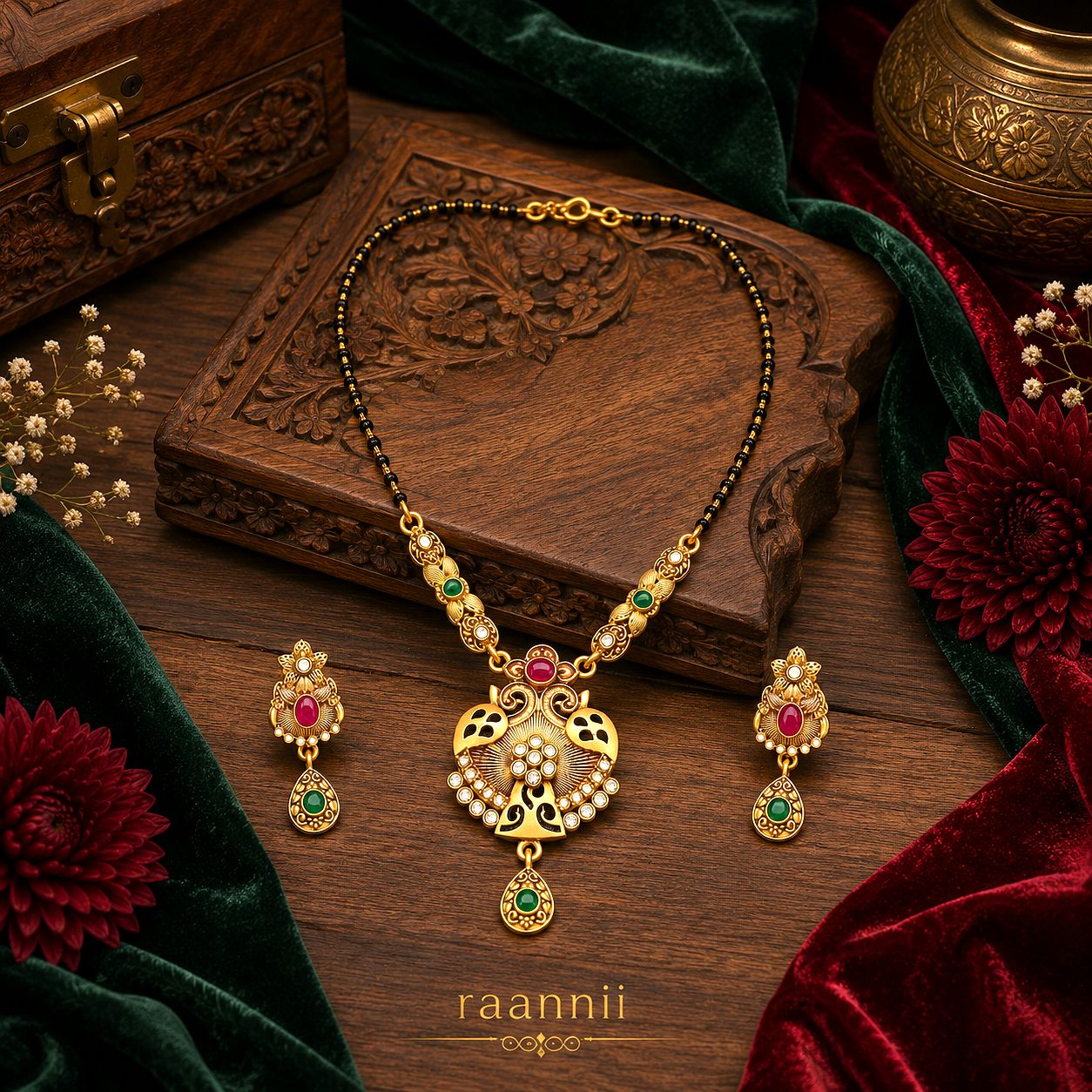 Raannii Necklace - Traditional Gold Plated Mangalsutra Necklace Set with Peacock Pendant & Matching earrings