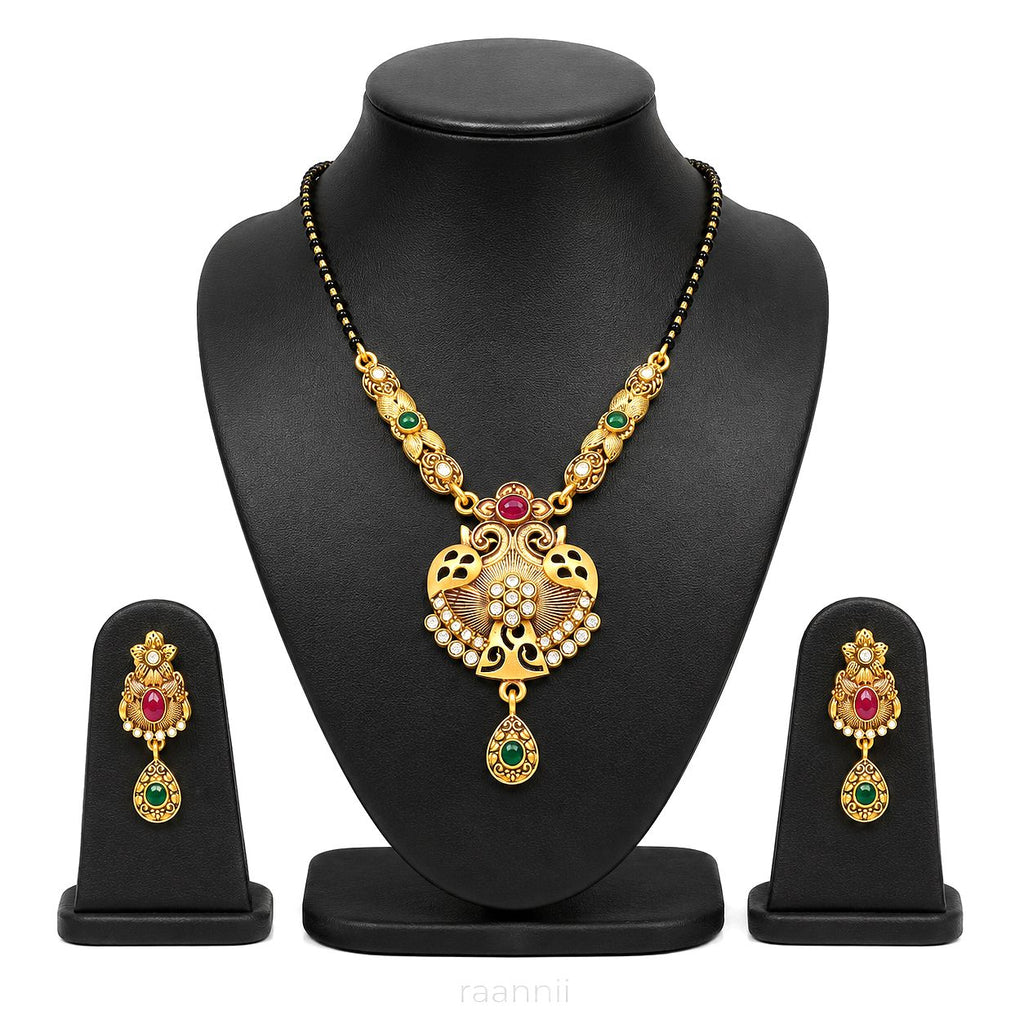 Raannii Necklace - Traditional Gold Plated Mangalsutra Necklace Set with Peacock Pendant & Matching earrings