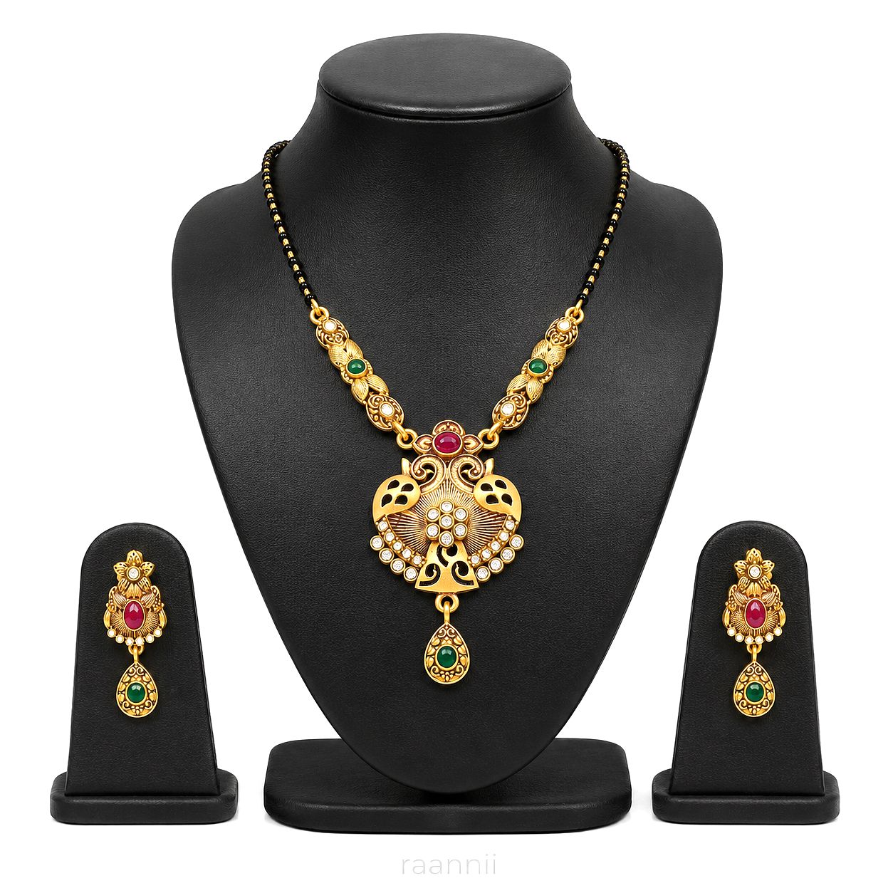 Raannii Necklace - Traditional Gold Plated Mangalsutra Necklace Set with Peacock Pendant & Matching earrings
