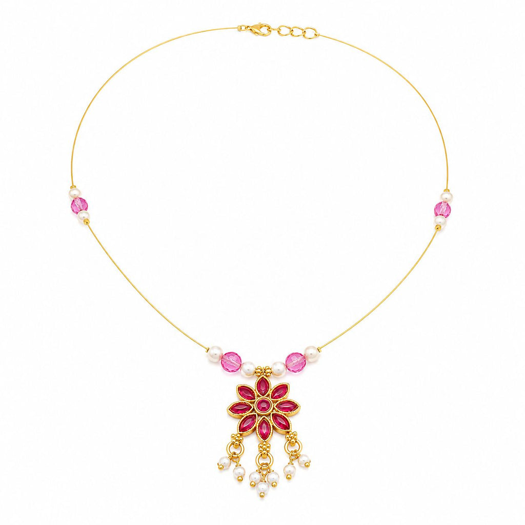 Raannii Necklace - Pink Floral Pendant Pearl Beads Necklace for Women