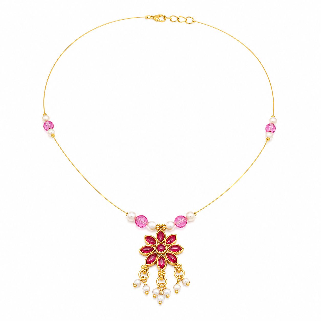 Raannii Necklace - Pink Floral Pendant Pearl Beads Necklace for Women