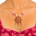 Raannii Necklace - Pink Floral Pendant Pearl Beads Necklace for Women