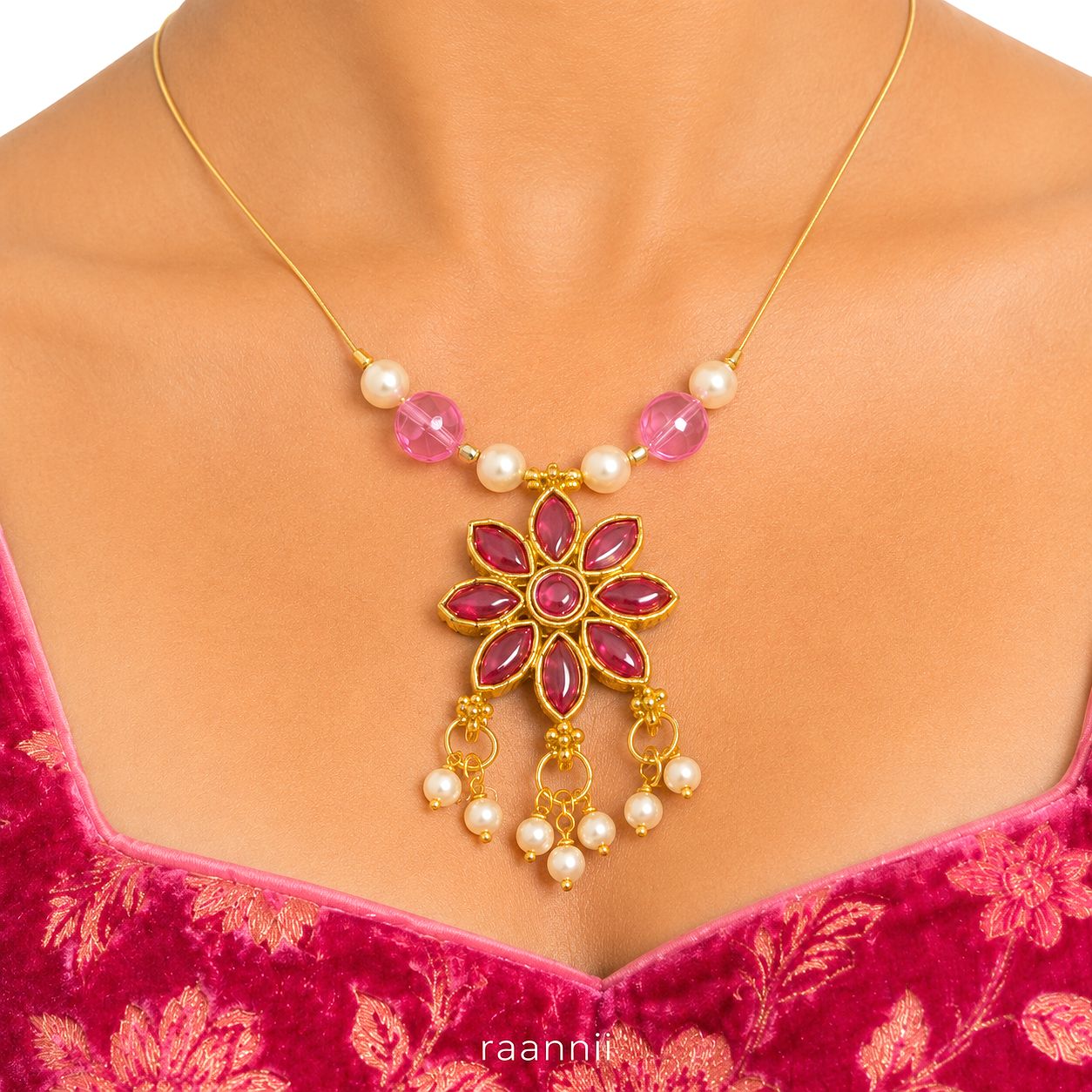 Raannii Necklace - Pink Floral Pendant Pearl Beads Necklace for Women