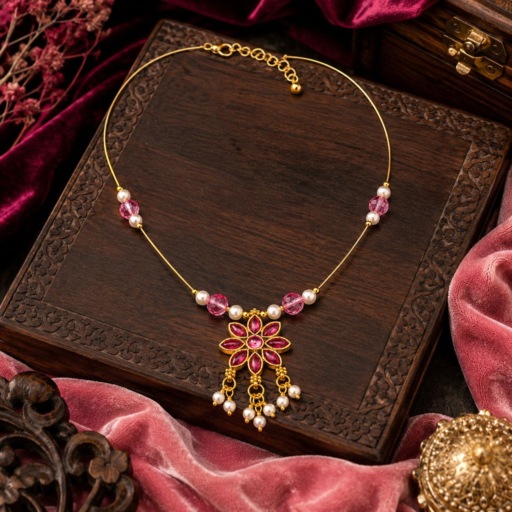 Raannii Necklace - Pink Floral Pendant Pearl Beads Necklace for Women