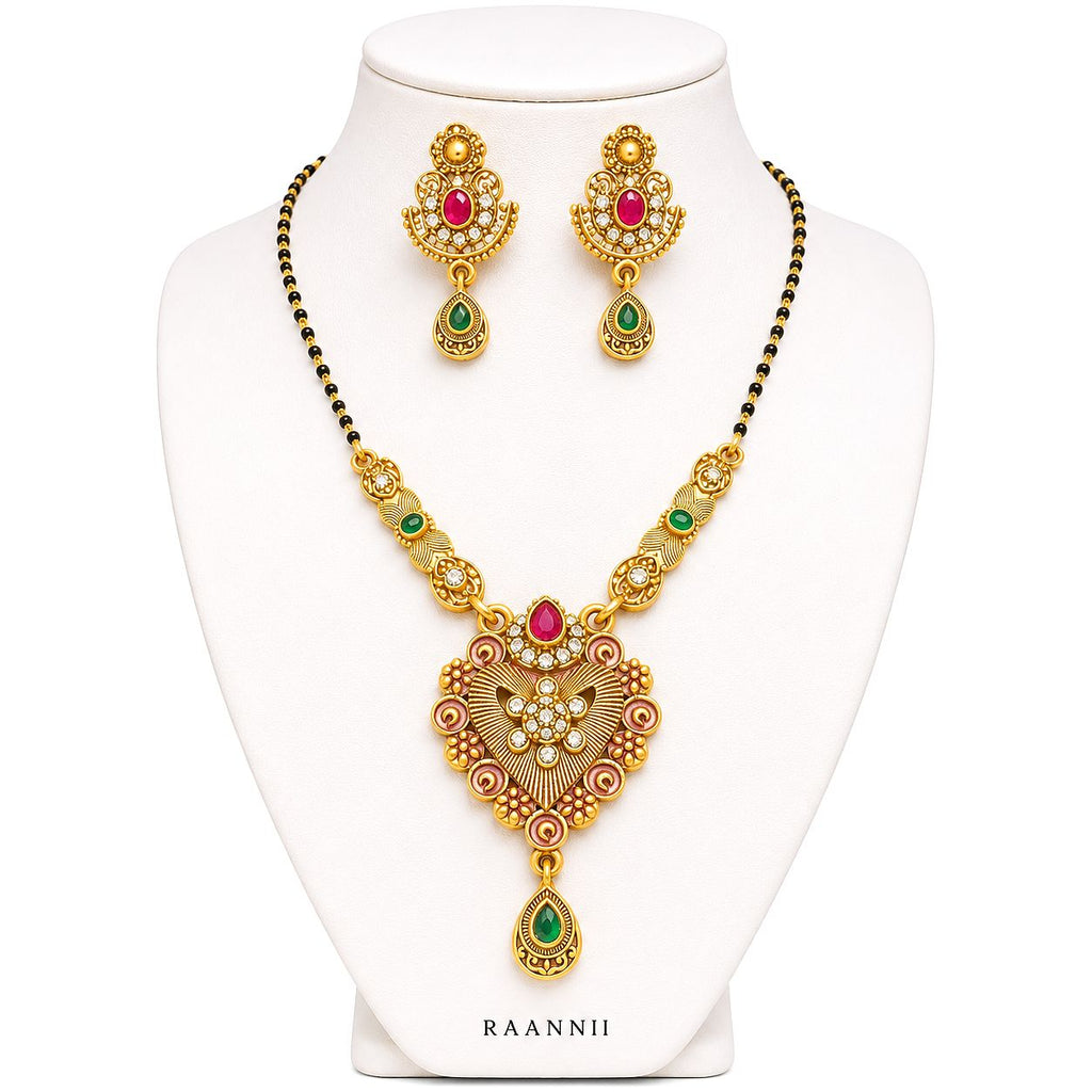 Raannii Necklace - Traditional Gold Plated Mangalsutra Necklace Set with Matching Earrings