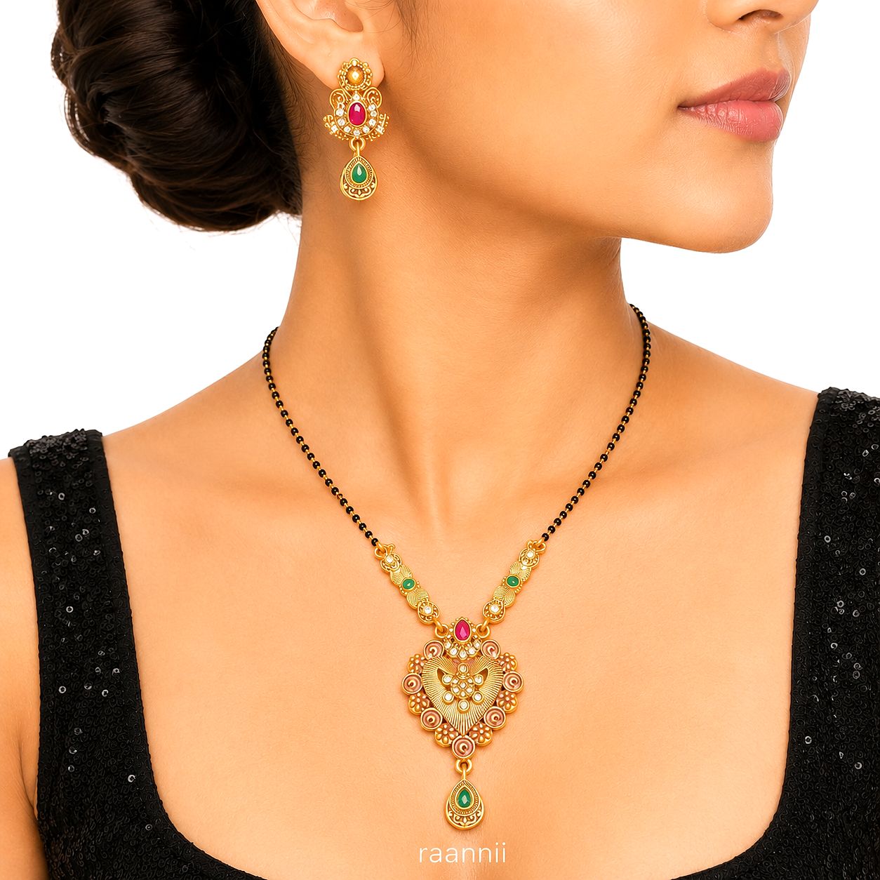 Raannii Necklace - Traditional Gold Plated Mangalsutra Necklace Set with Matching Earrings