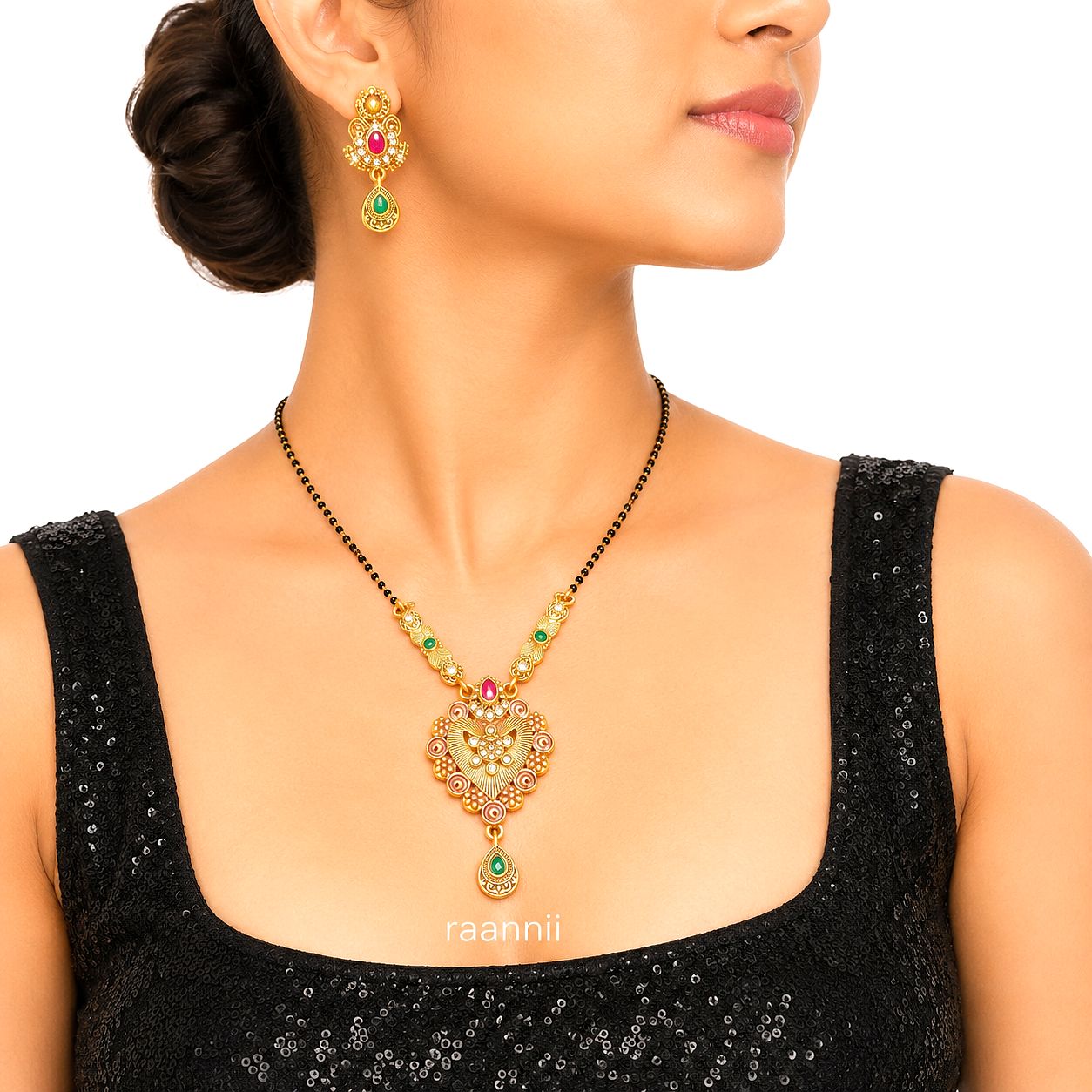 Raannii Necklace - Traditional Gold Plated Mangalsutra Necklace Set with Matching Earrings