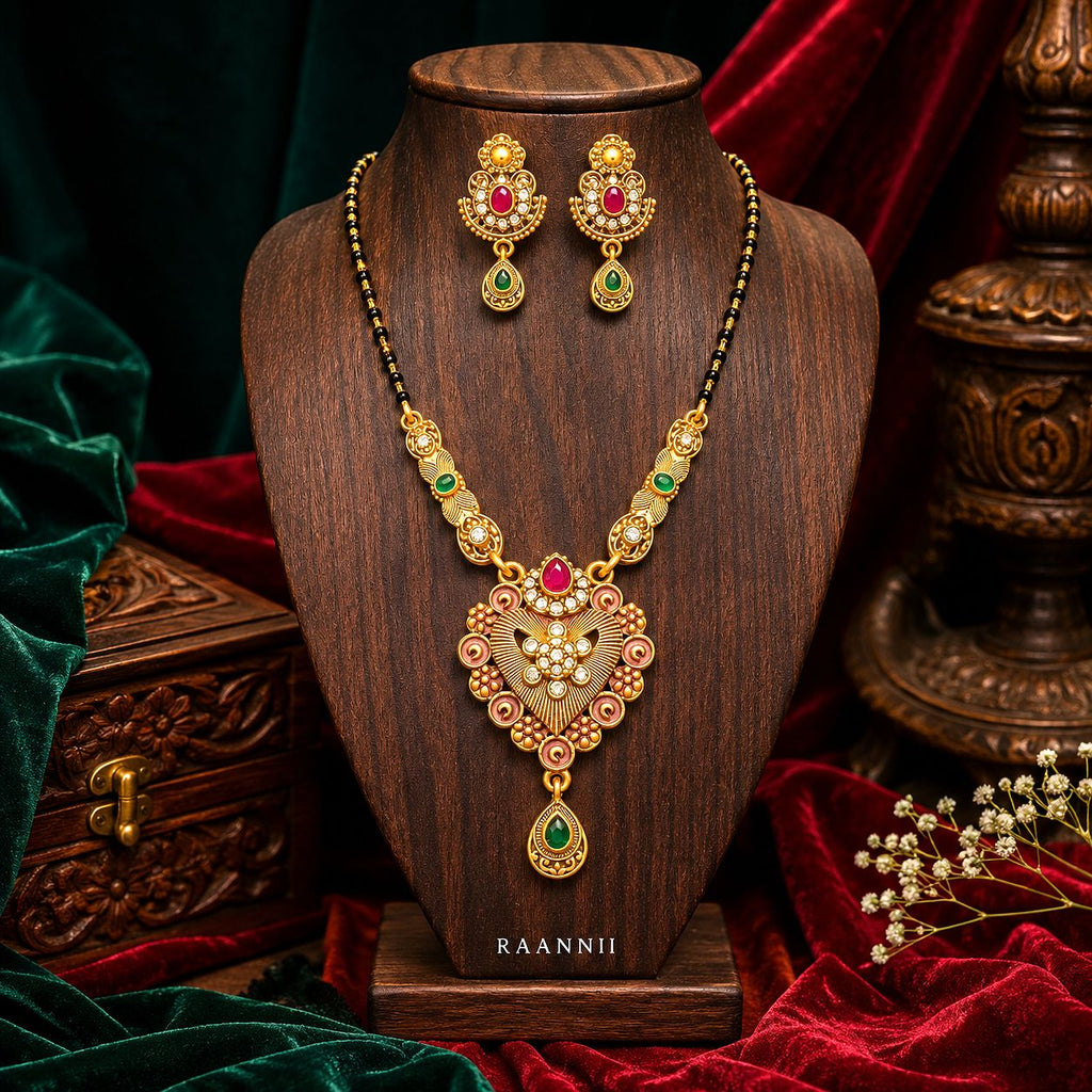 Raannii Necklace - Traditional Gold Plated Mangalsutra Necklace Set with Matching Earrings