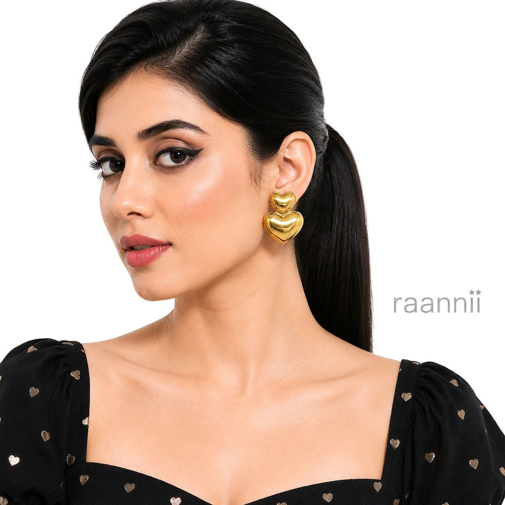 Raannii Minimal Gold Heart Drop Earrings (Elegant Double Heart Design)