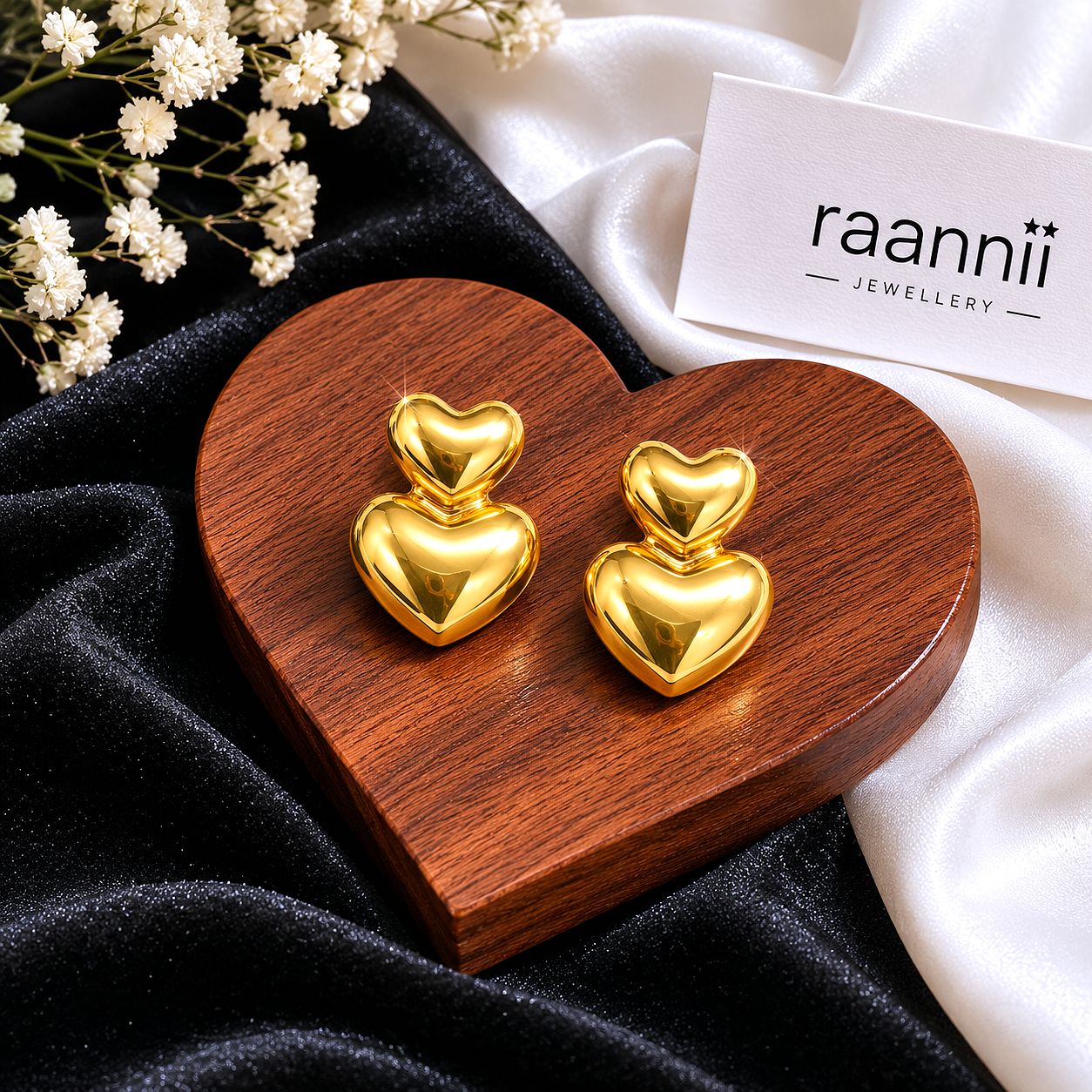 Raannii Minimal Gold Heart Drop Earrings (Elegant Double Heart Design)