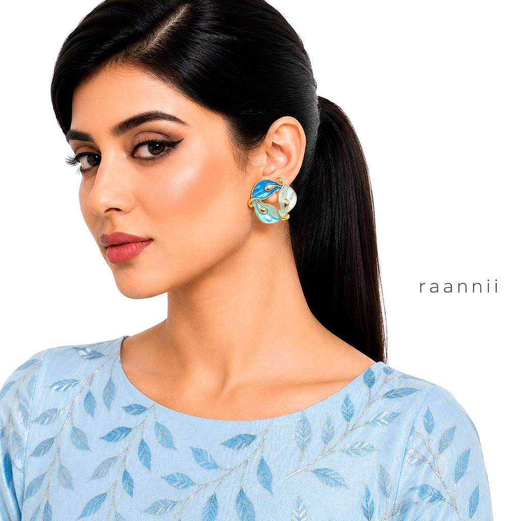 Raannii Designer Enamel Leaf Earrings (Blue & Mint Statement Studs)
