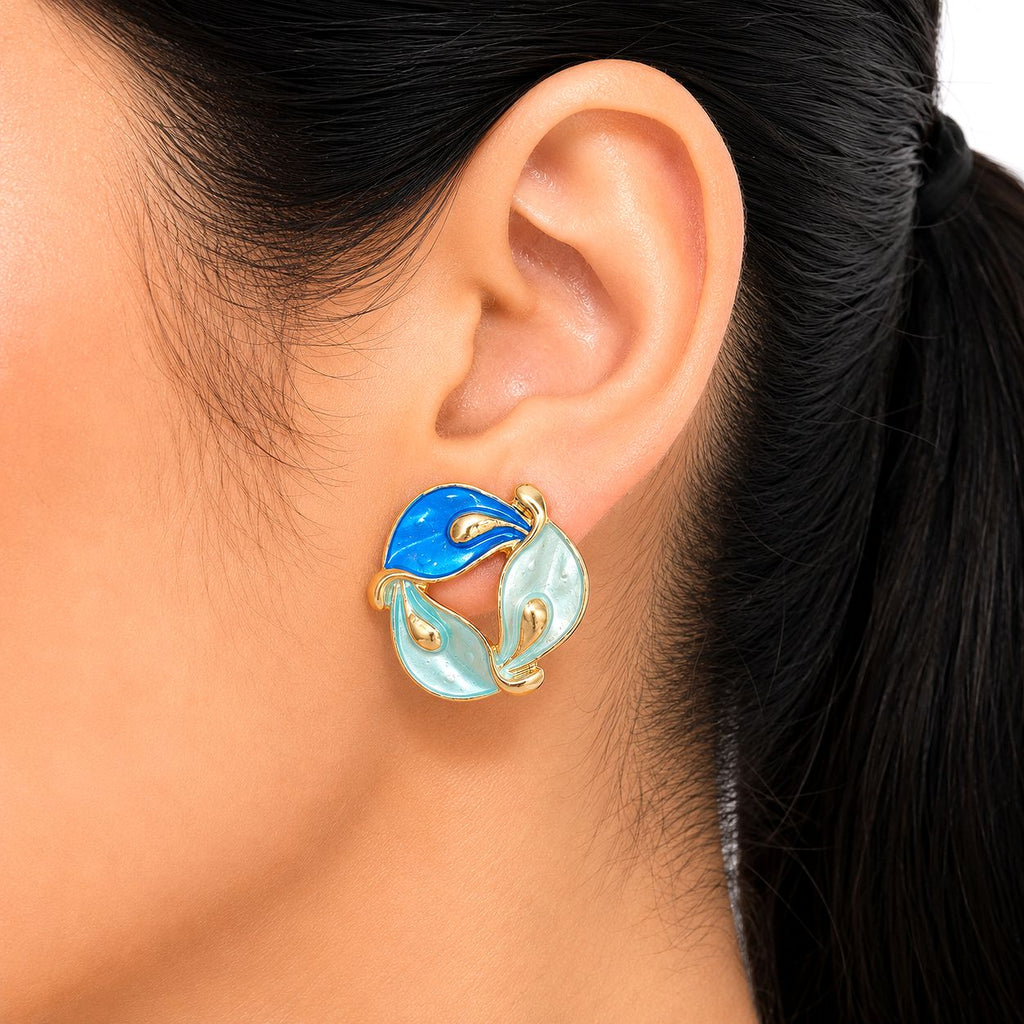 Raannii Designer Enamel Leaf Earrings (Blue & Mint Statement Studs)