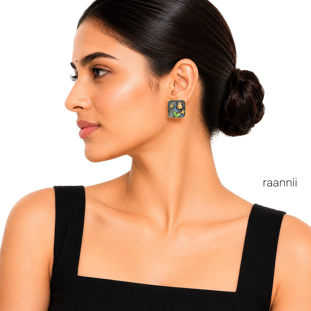 Raannii Artistic Square Enamel Earrings (Abstract Blue Pot Design)