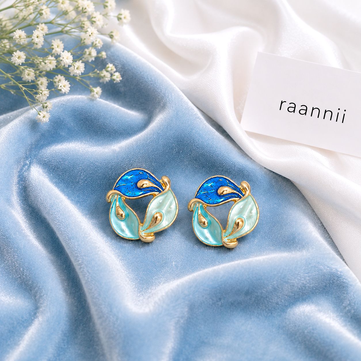 Raannii Designer Enamel Leaf Earrings (Blue & Mint Statement Studs)
