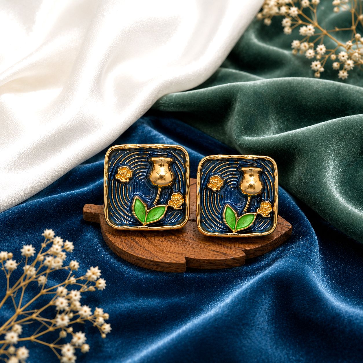 Raannii Artistic Square Enamel Earrings (Abstract Blue Pot Design)