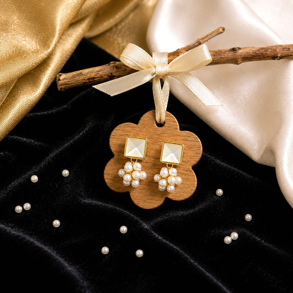 Raannii Pearl Drop Square Stud Earrings (Elegant Minimal Design)