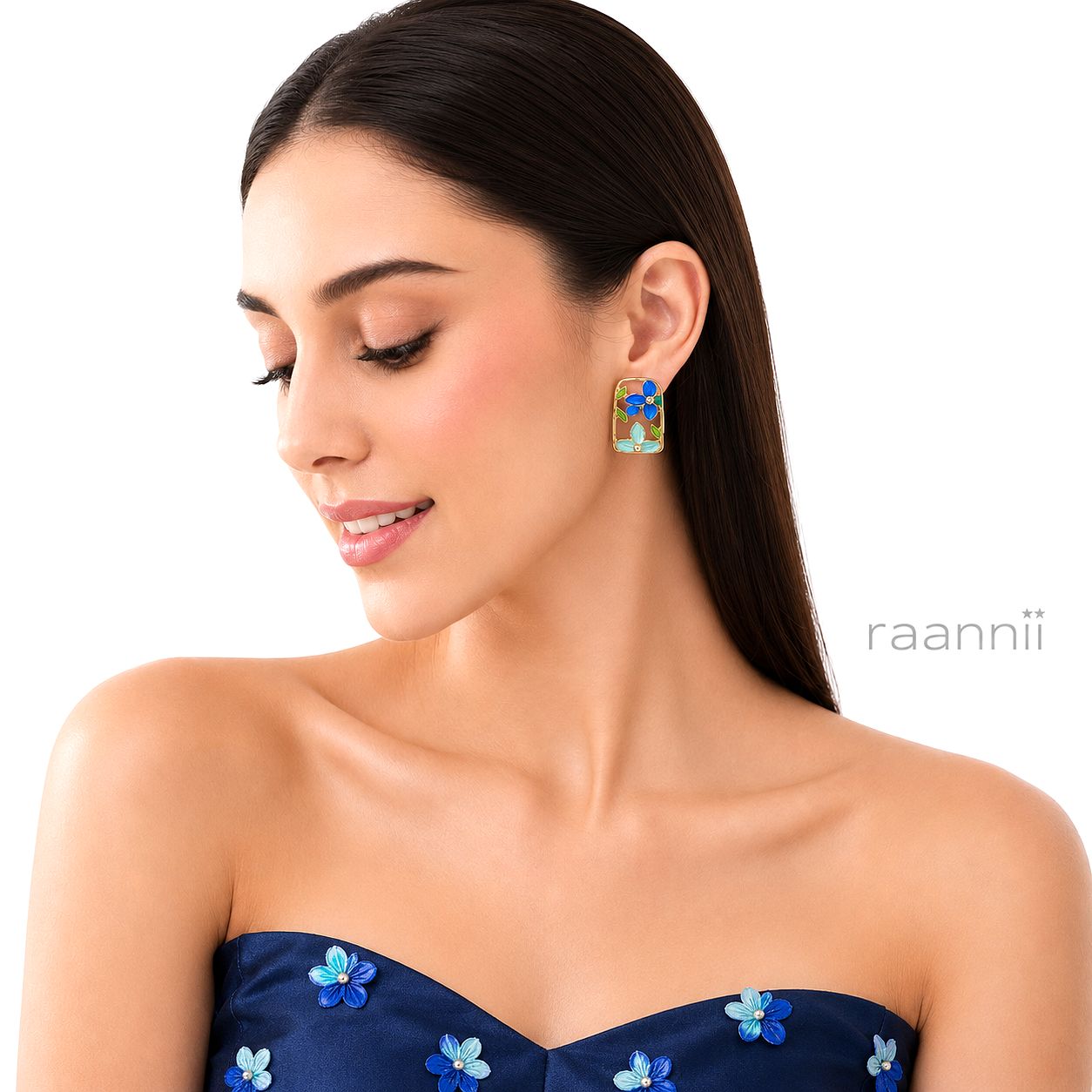 Raannii Earrings - Blue Floral Enamel Rectangle Gold Tone Stud Earrings for Women