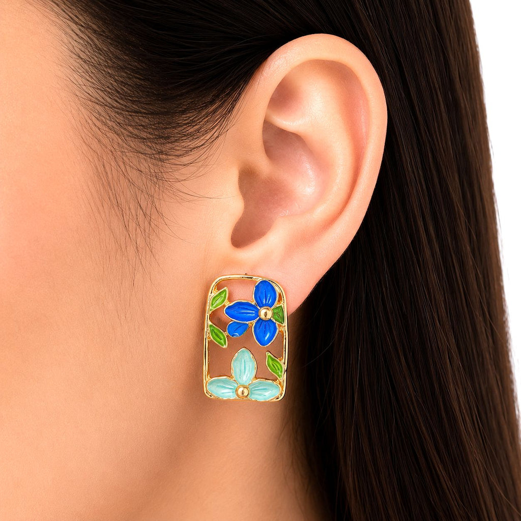 Raannii Earrings - Blue Floral Enamel Rectangle Gold Tone Stud Earrings for Women