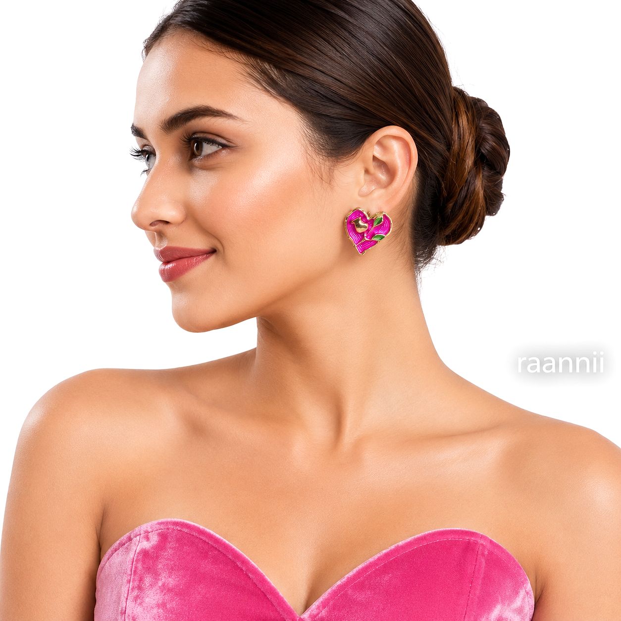 Raannii Earrings - Pink Heart Enamel Gold Tone Stud Earrings for Women