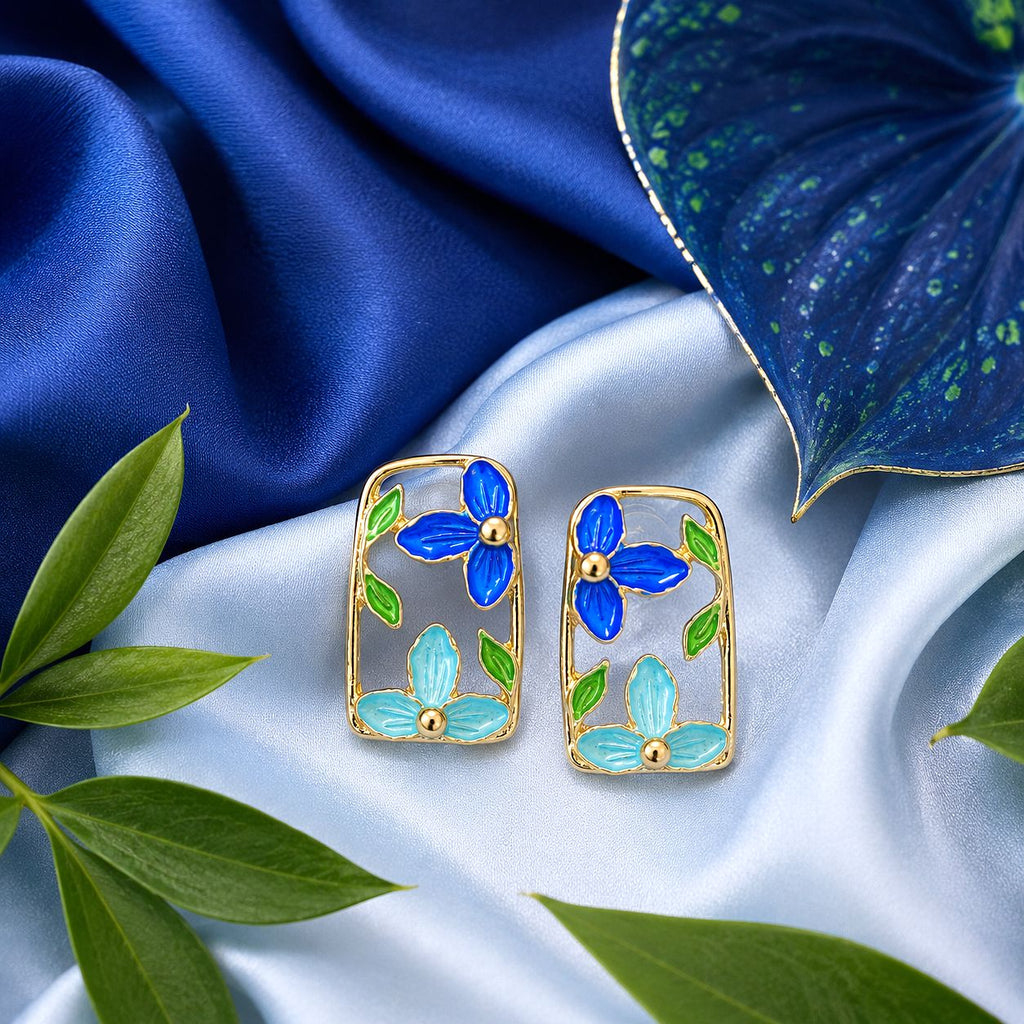 Raannii Earrings - Blue Floral Enamel Rectangle Gold Tone Stud Earrings for Women