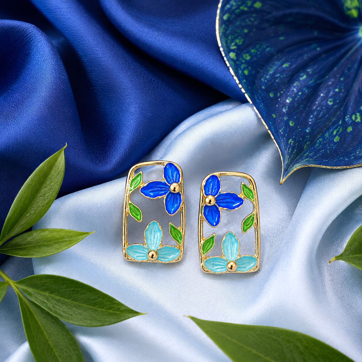Raannii Earrings - Blue Floral Enamel Rectangle Gold Tone Stud Earrings for Women