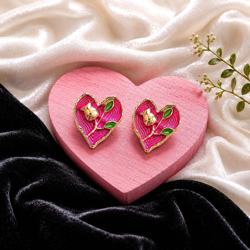 Raannii Earrings - Pink Heart Enamel Gold Tone Stud Earrings for Women