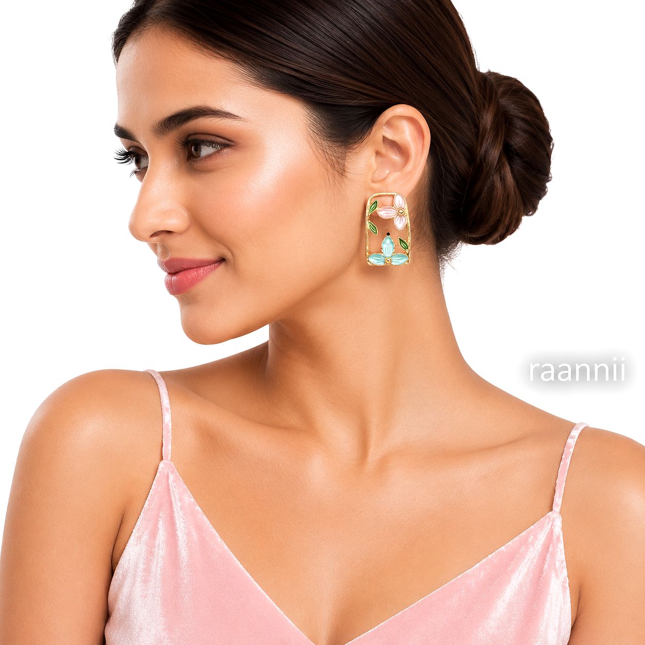 Raannii Earrings - Pink Floral Enamel Rectangle Gold Tone Stud Earrings for Women