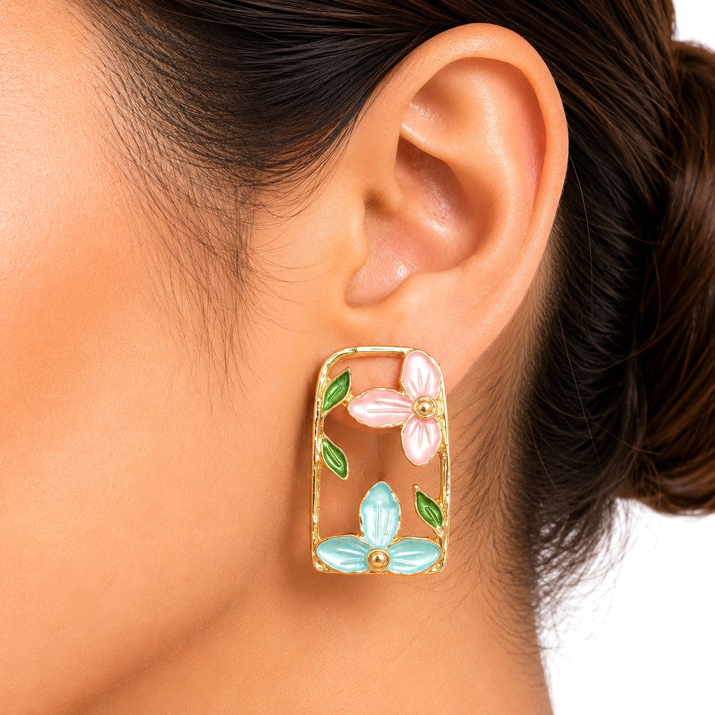 Raannii Earrings - Pink Floral Enamel Rectangle Gold Tone Stud Earrings for Women