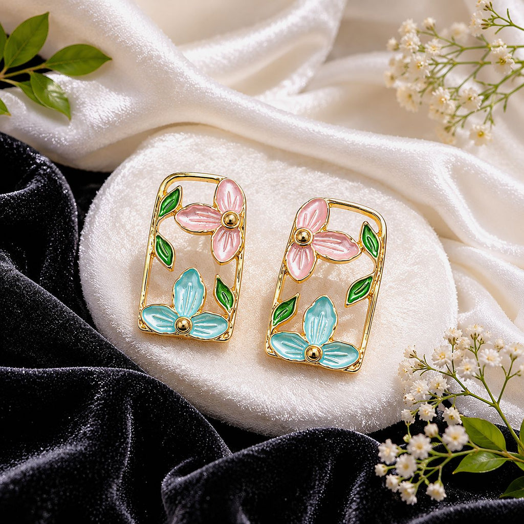 Raannii Earrings - Pink Floral Enamel Rectangle Gold Tone Stud Earrings for Women