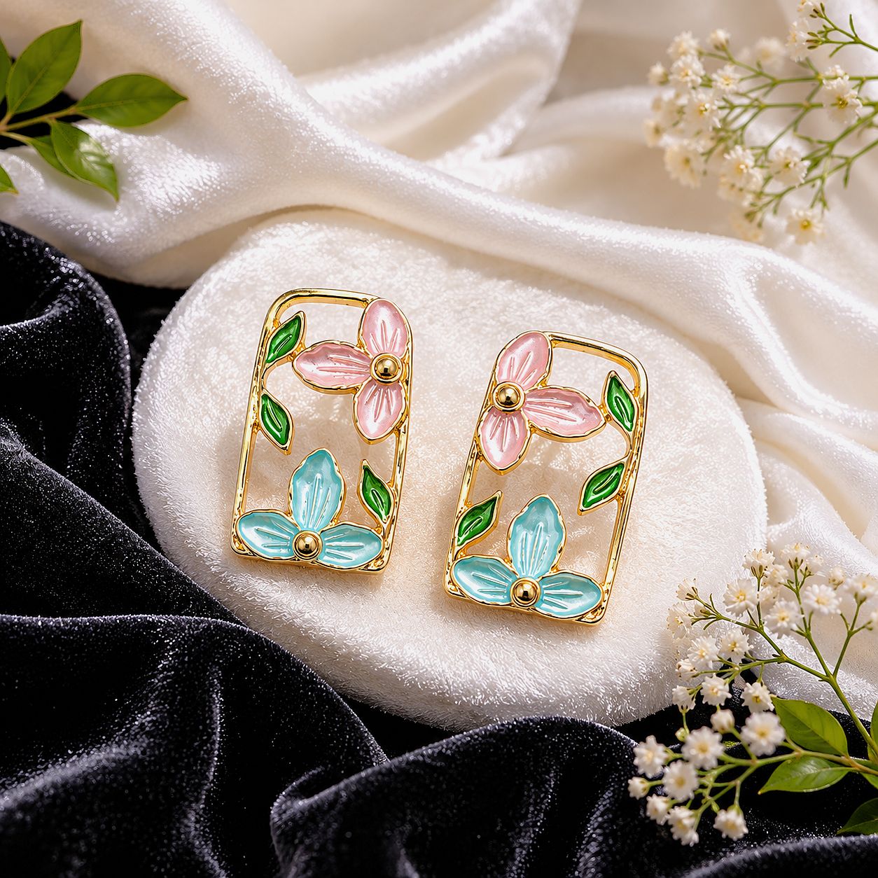 Raannii Earrings - Pink Floral Enamel Rectangle Gold Tone Stud Earrings for Women