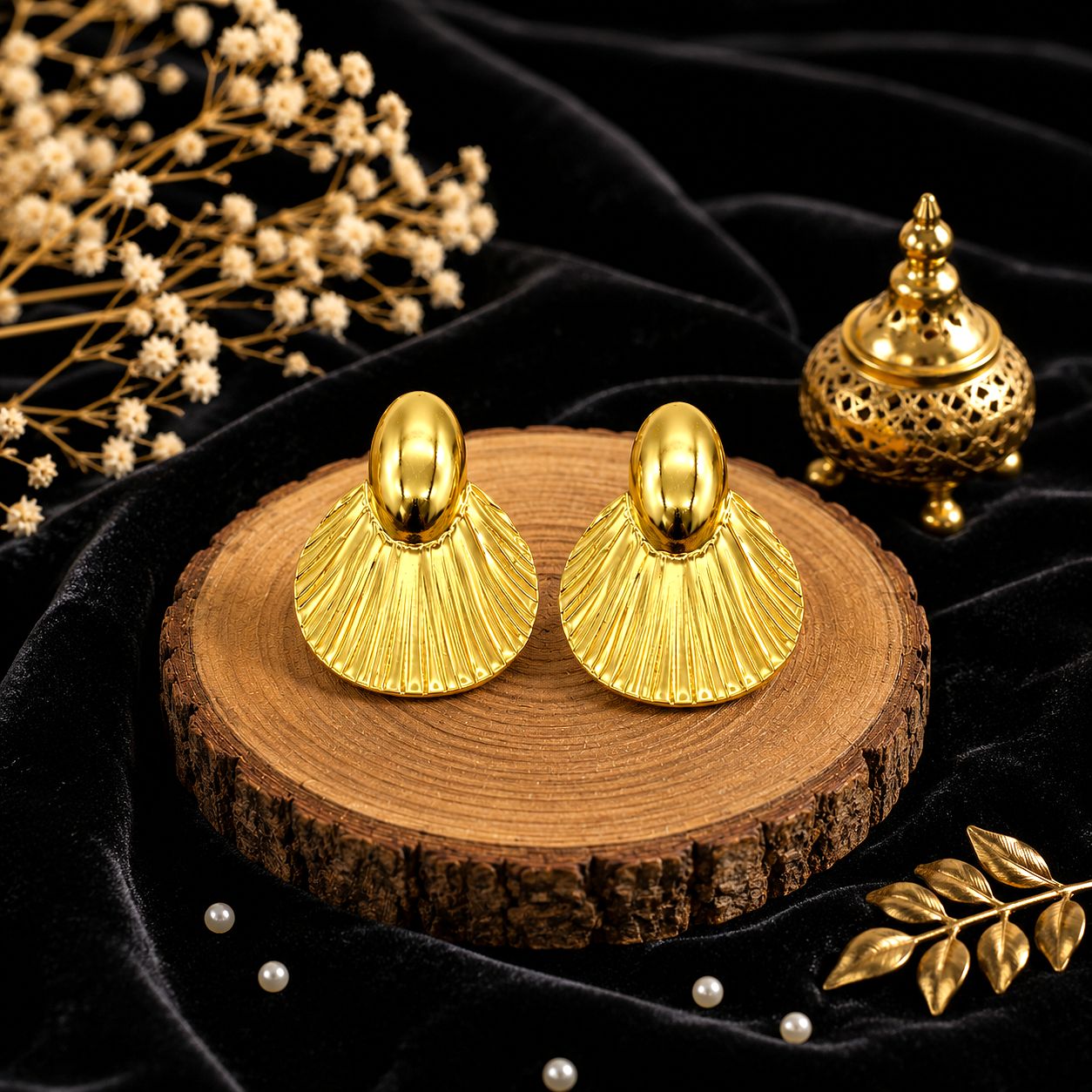 Raannii Gold Fan Statement Earrings (Luxury Bold Design)