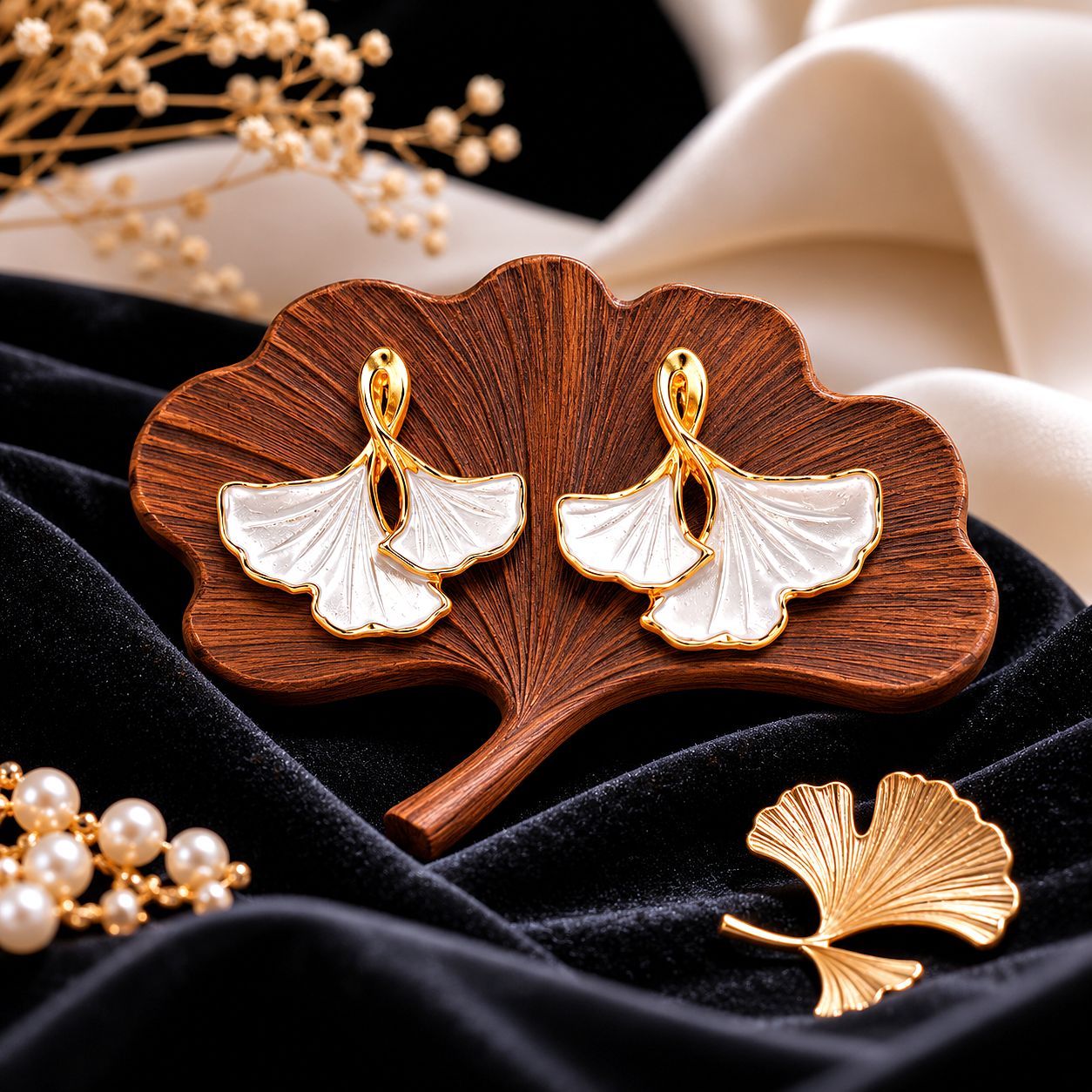 White Ginkgo Leaf Earrings for Women | Luxury Statement Earrings